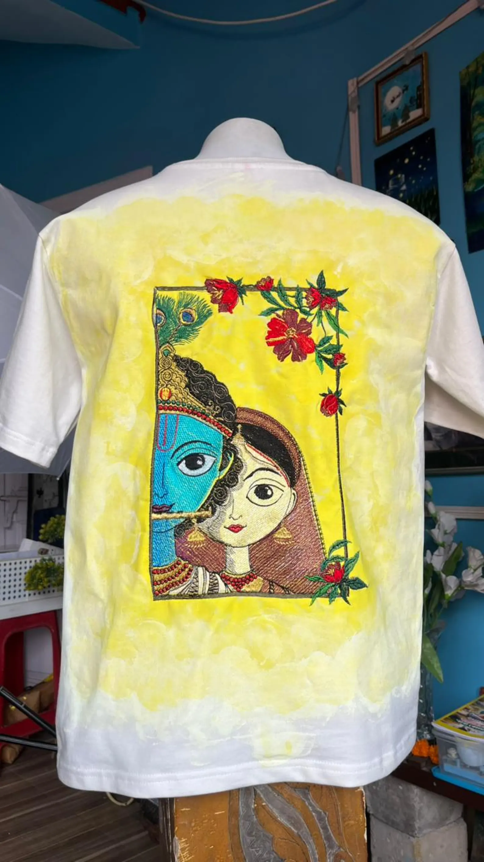 Radha Krishna T-Shirt, Hand-Painted Embroidered Indian Art, Floral Design